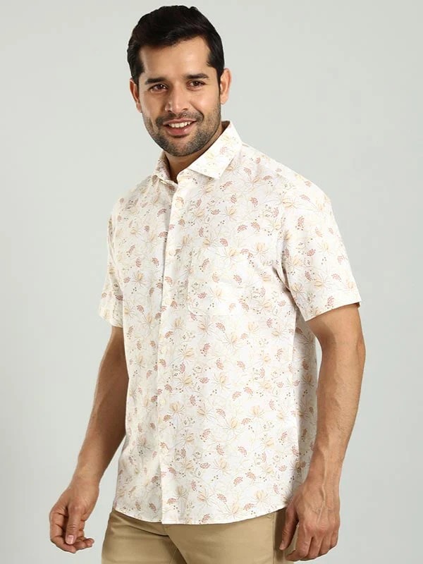 Indian Terrain Men's Slim Fit Half Sleeve All Over Print Off White Shirt